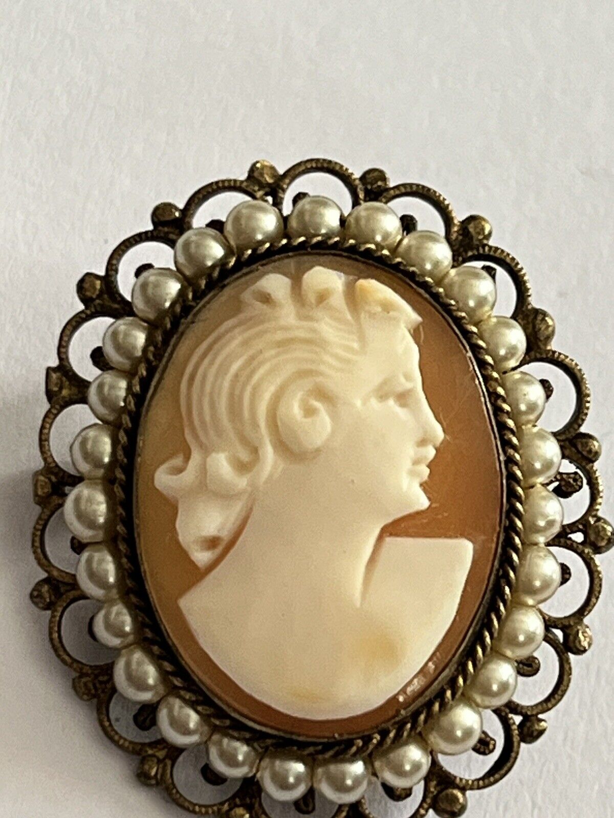 Vintage Cameo Faux Pearl Brooch