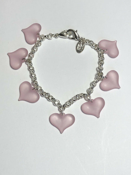 Vintage 1980s Rhodium Plated Pink Misty Hearts Bracelet