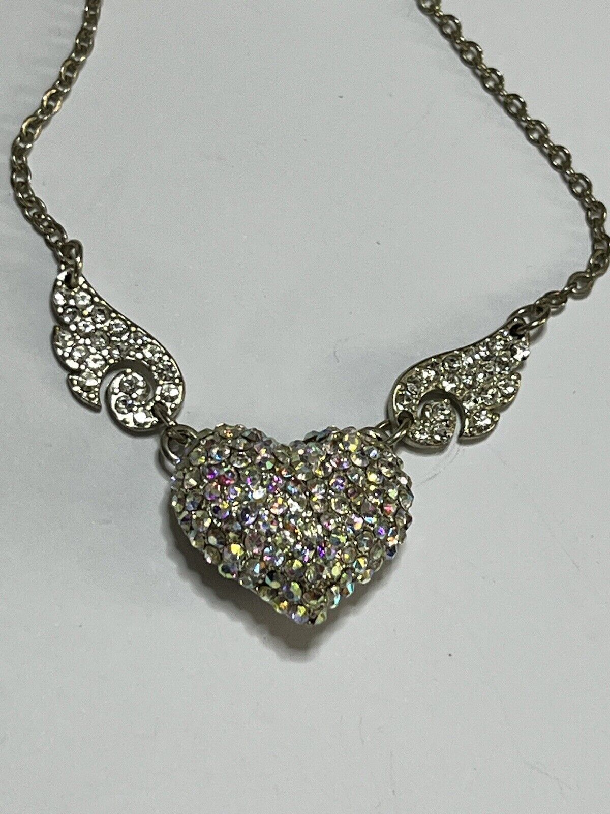 Vintage Heart Angel Wings Multicoloured Diamanté Necklace