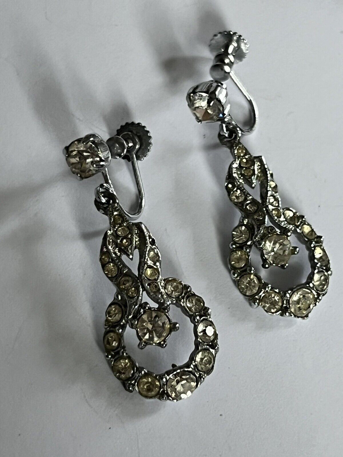 Vintage Silver Tone Paste Dangle Screwback Earrings