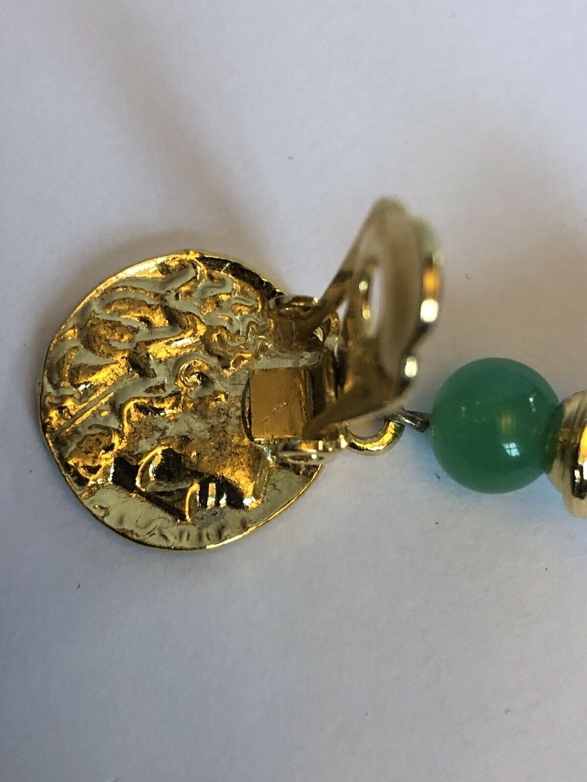 Vintage Gold Tone Green Stone Faux Pearl Etruscan Drop Earrings