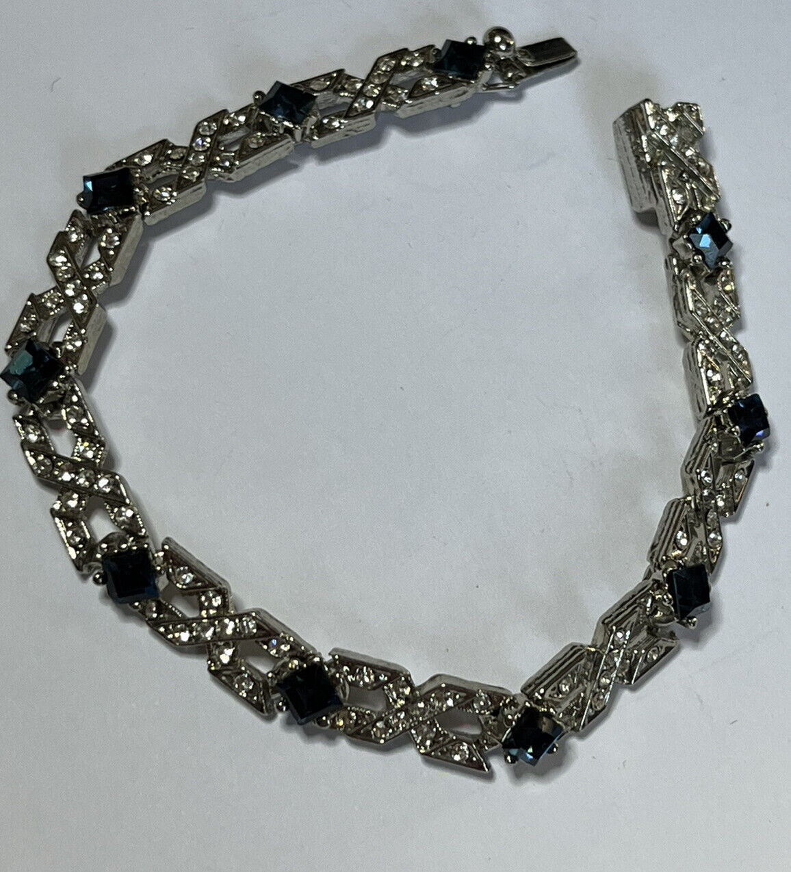 Vintage Silver Tone Clear Blue Diamanté Bracelet