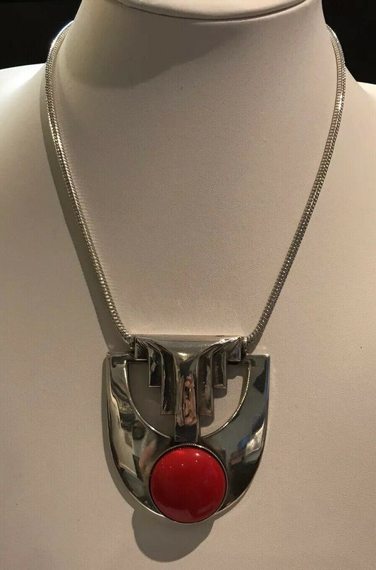 Silver Tone Metal And Red Cabochon Necklace