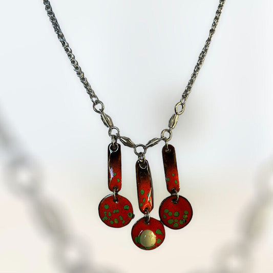 Vintage Red Orange Enamel Triple Drop Necklace