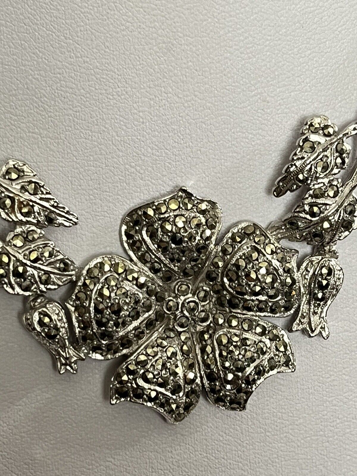 Vintage Marcasite Silver Tone Flowers Necklace