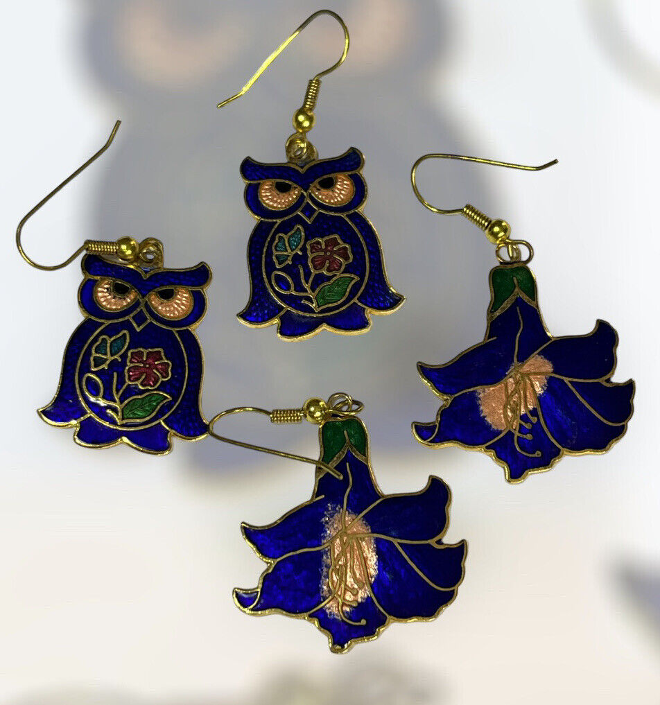 Vintage Enamel Owl And Flowers Drop Earrings Set Of Two