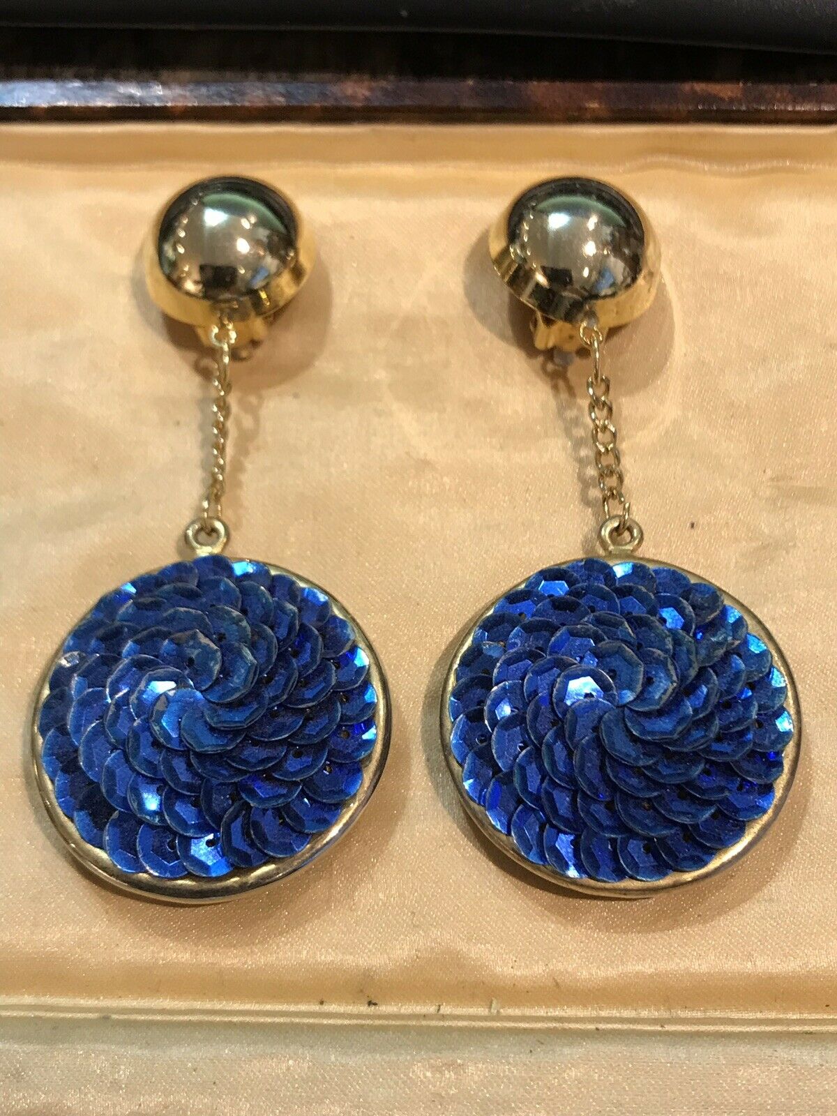 1980s Statement Drop Clip On Earrings Blue Sequin