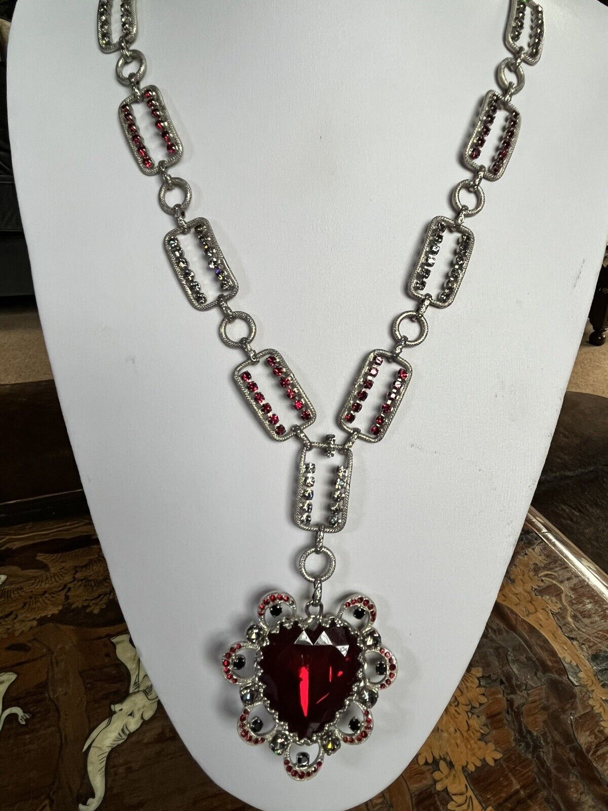 Vintage Statement Runway Red Clear Diamanté Heart On Chain Necklace