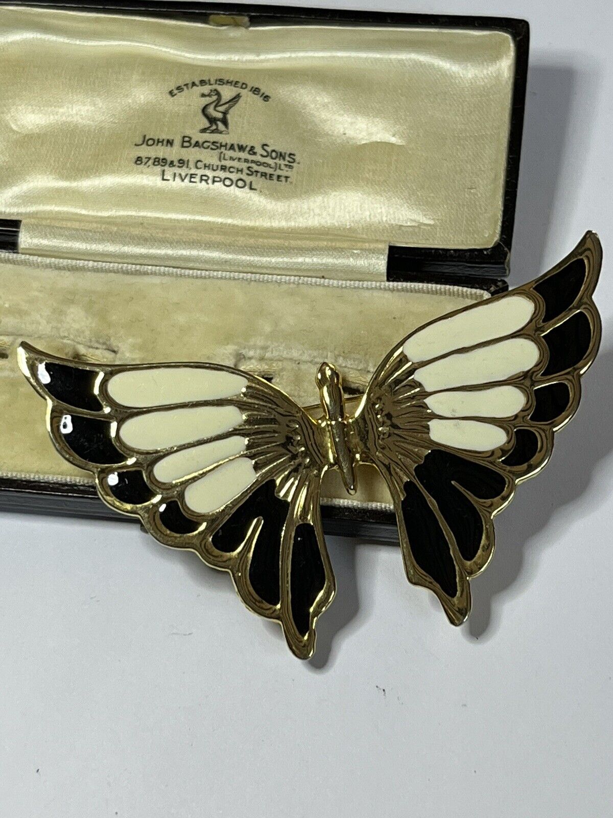 Vintage Gold Tone Enamel Black Cream Large Butterfly Brooch