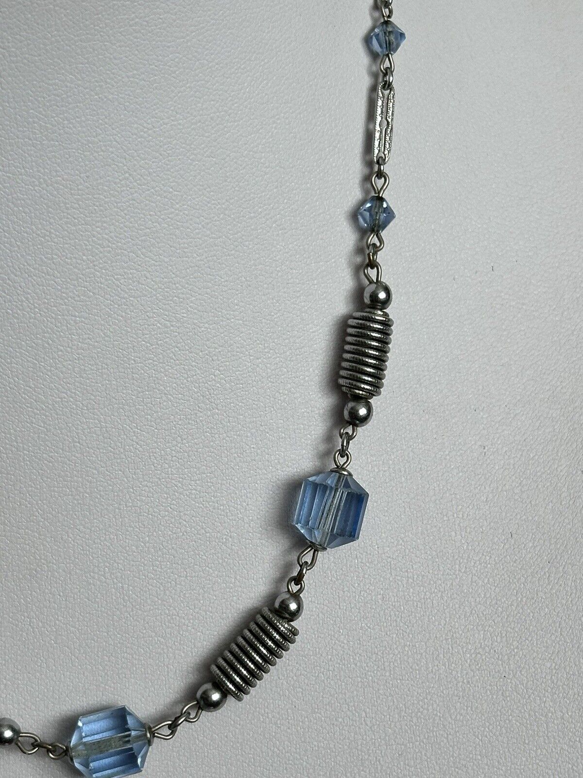 Vintage Deco Etched Silver Tone Blue Glass Bead Necklace