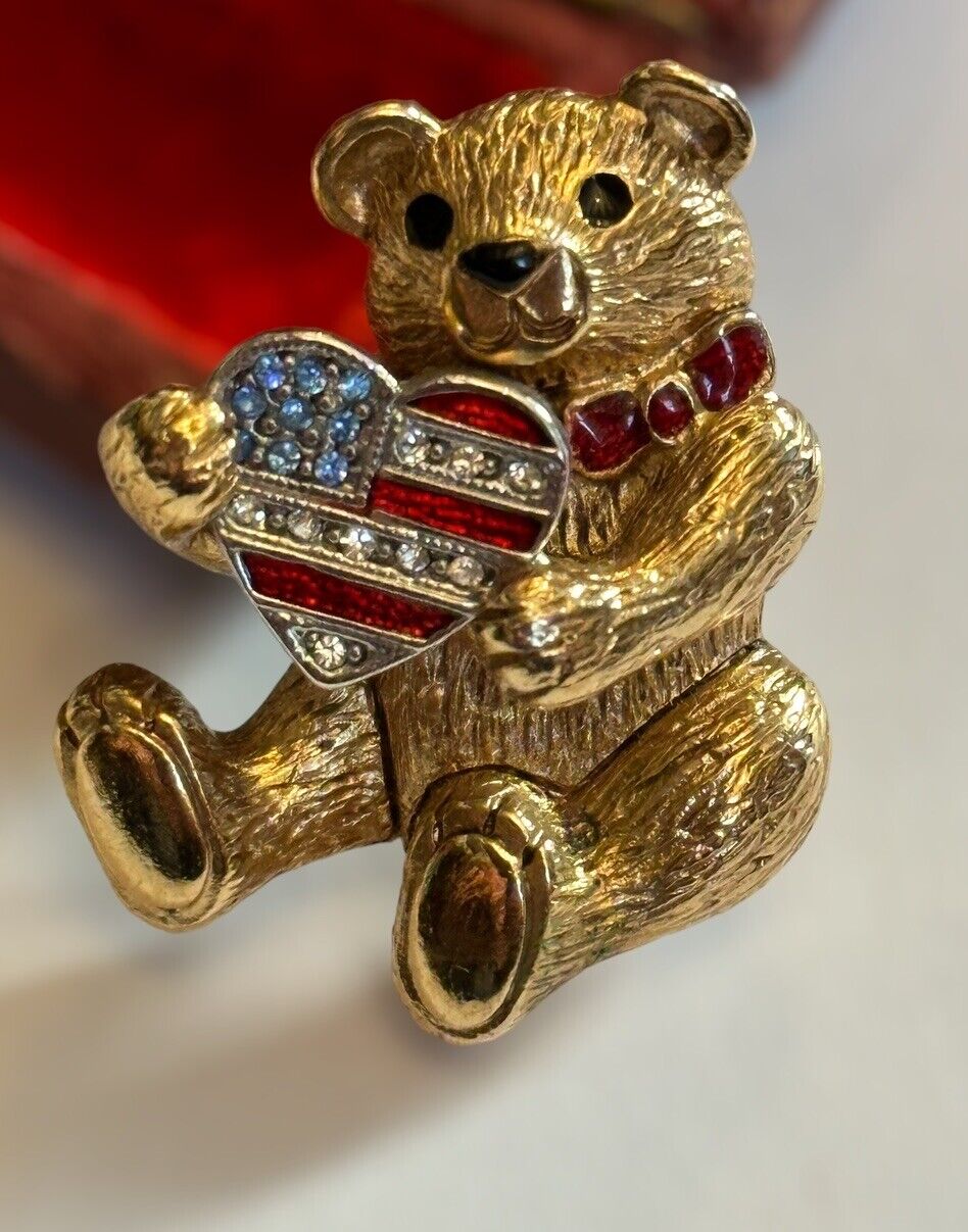 Vintage Gold Tone Signed Christopher Radko Teddy USA Flag Brooch