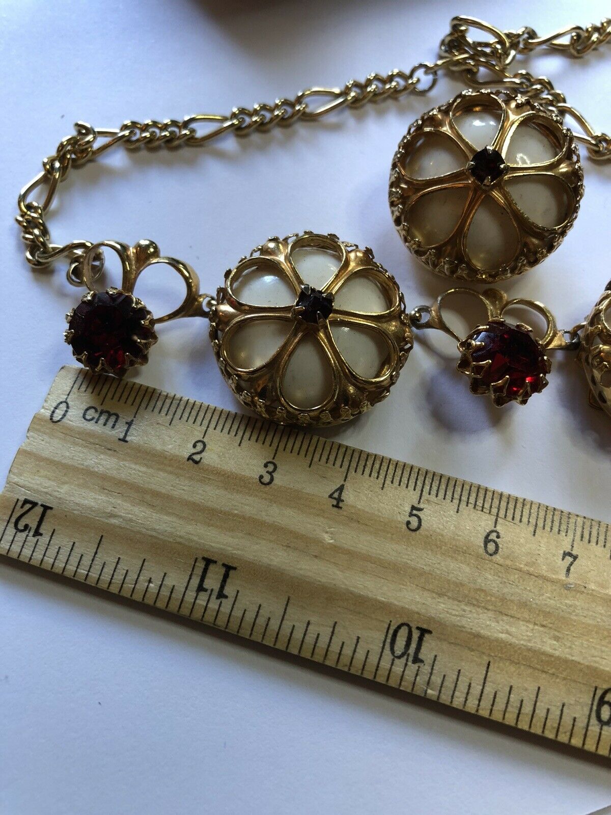 Vintage 1960s Red Paste Gold Tone Necklace Clip On Earring Set