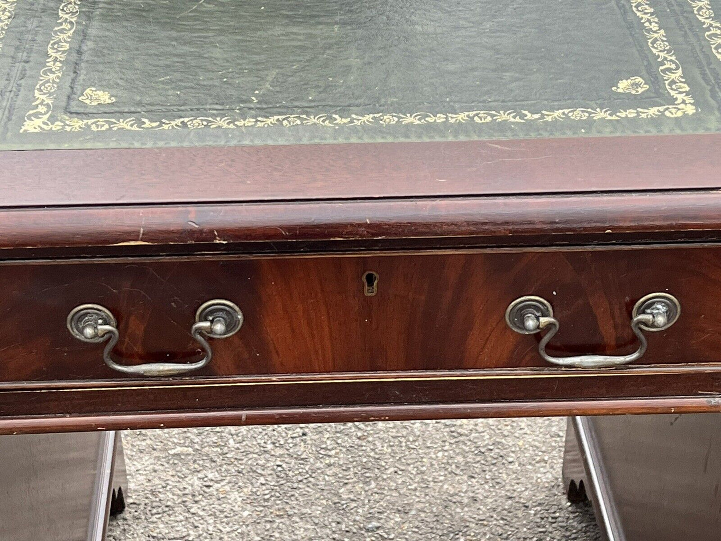 Pedestal Desk In Flame Veneer Mahogany With Green Leather Top.