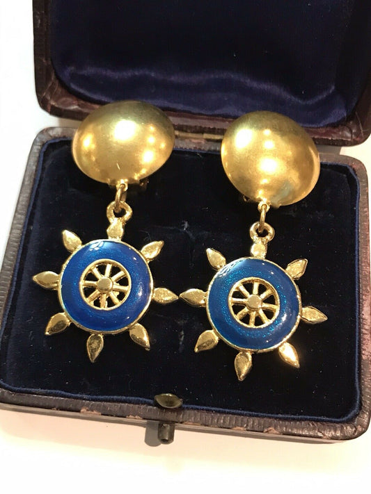 Vintage Gold Tone Nautical Blue Enamel Clip On Earrings