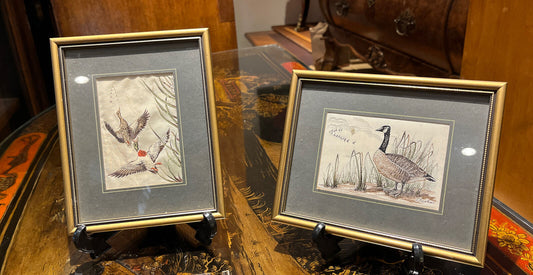 Pair Of Silk Pictures Of Birds. We Ship Worldwide.