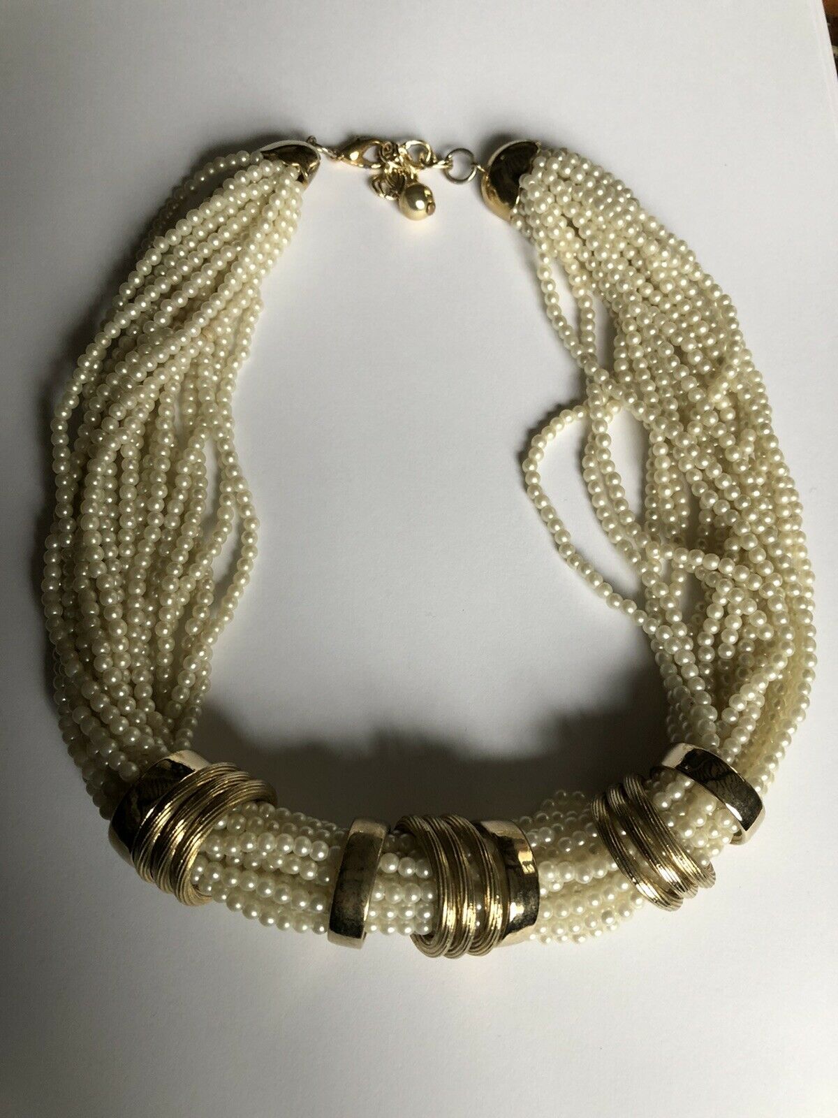 Vintage Multi Strand Faux Pearl Gold Tone Necklace