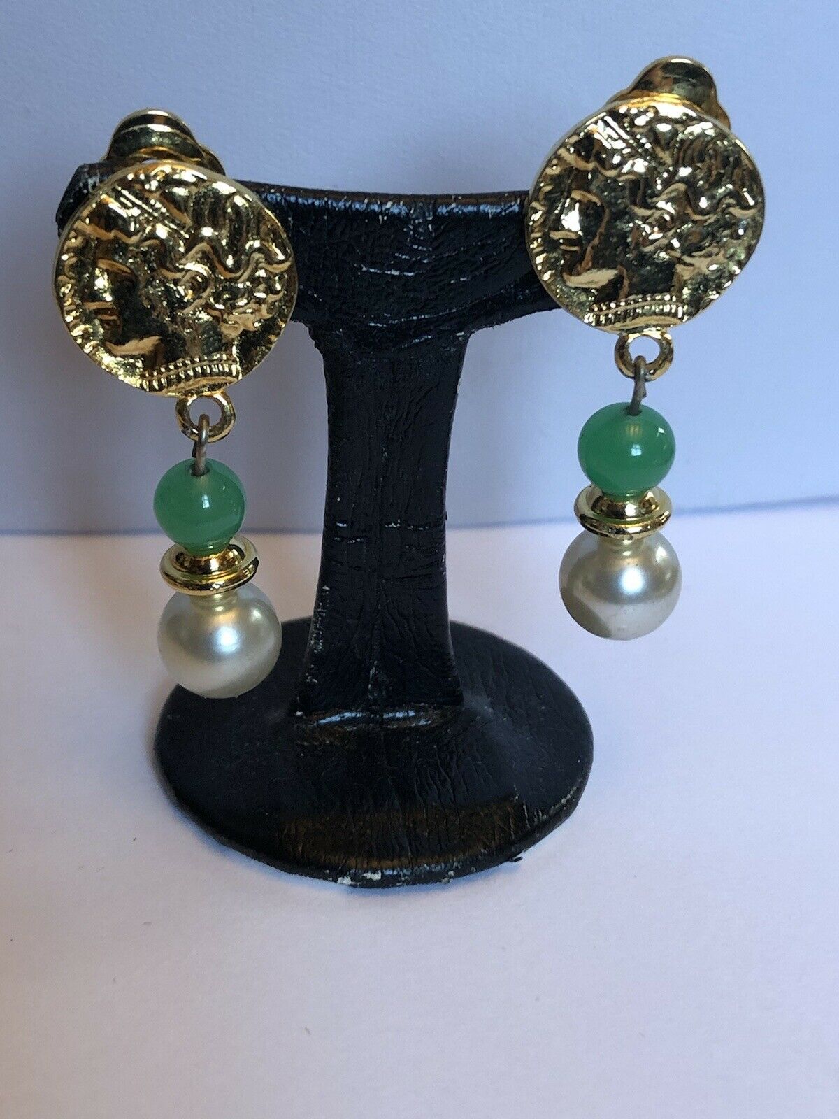 Vintage Gold Tone Green Stone Faux Pearl Etruscan Drop Earrings