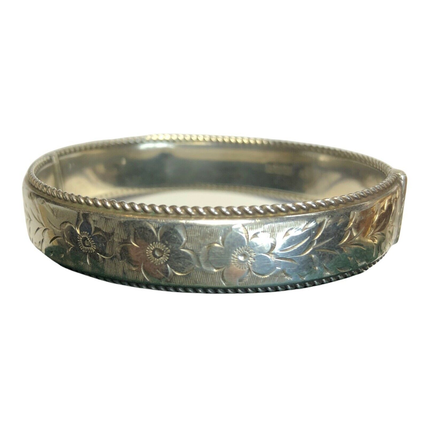 Vintage Silver 925 Etched Flowers Bangle Bracelet