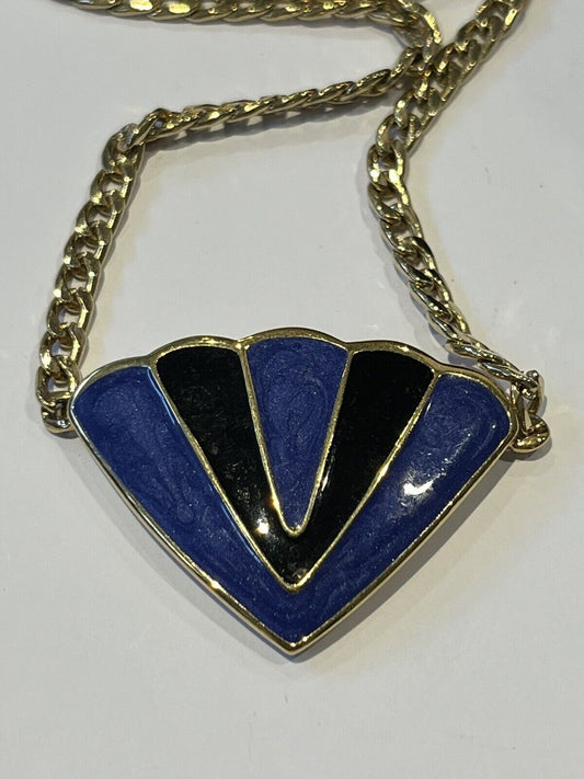 Vintage Gold Plated Blue Black Enamel Signed Necklace