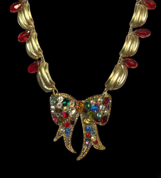 Vintage Runway Statement Multicoloured Bow Diamanté Necklace