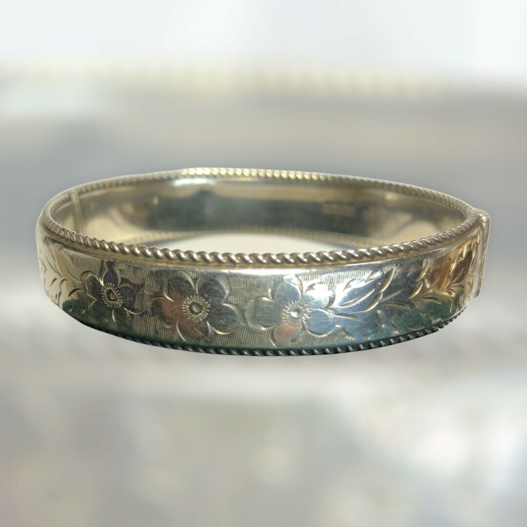 Vintage Silver 925 Etched Flowers Bangle Bracelet