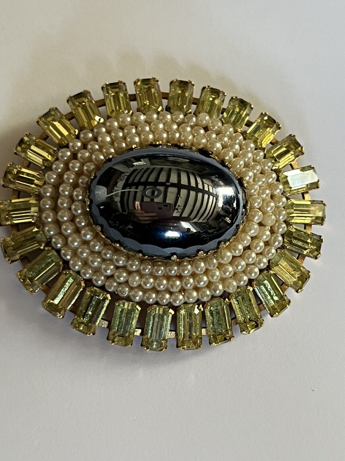 Vintage Green Baguette Diamanté Cabochon Brooch