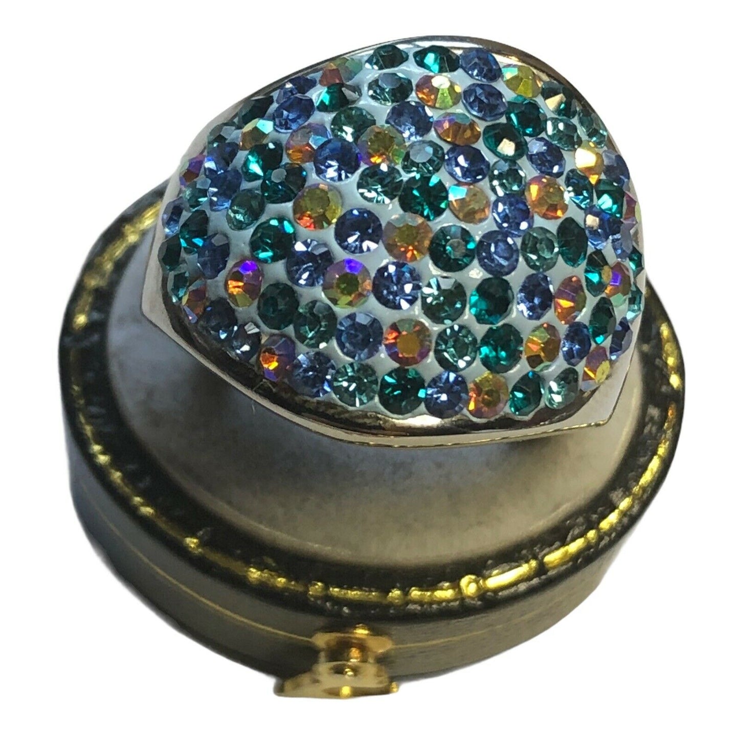 Vintage Rhodium Plated Blue Green Multicolour CZ Statement Ring