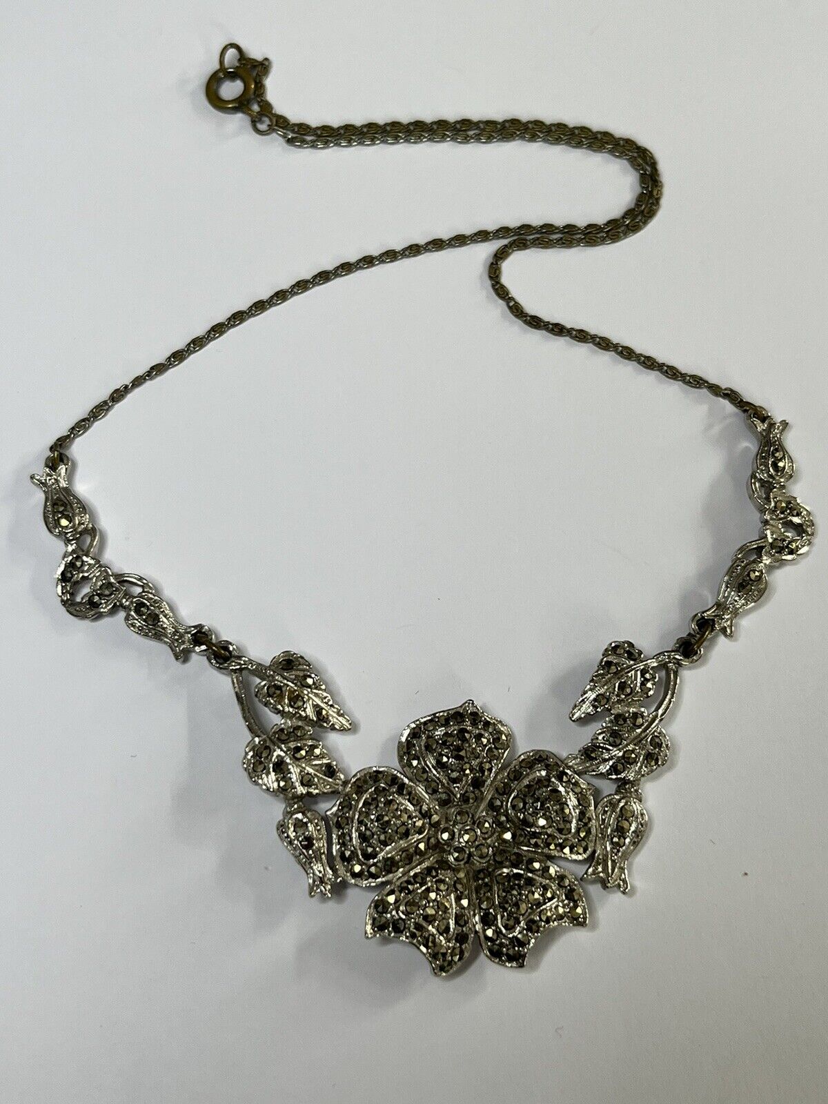 Vintage Marcasite Silver Tone Flowers Necklace