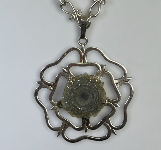 Vintage Silver 925 Statement Flower Geode Unique Chain Necklace 65g