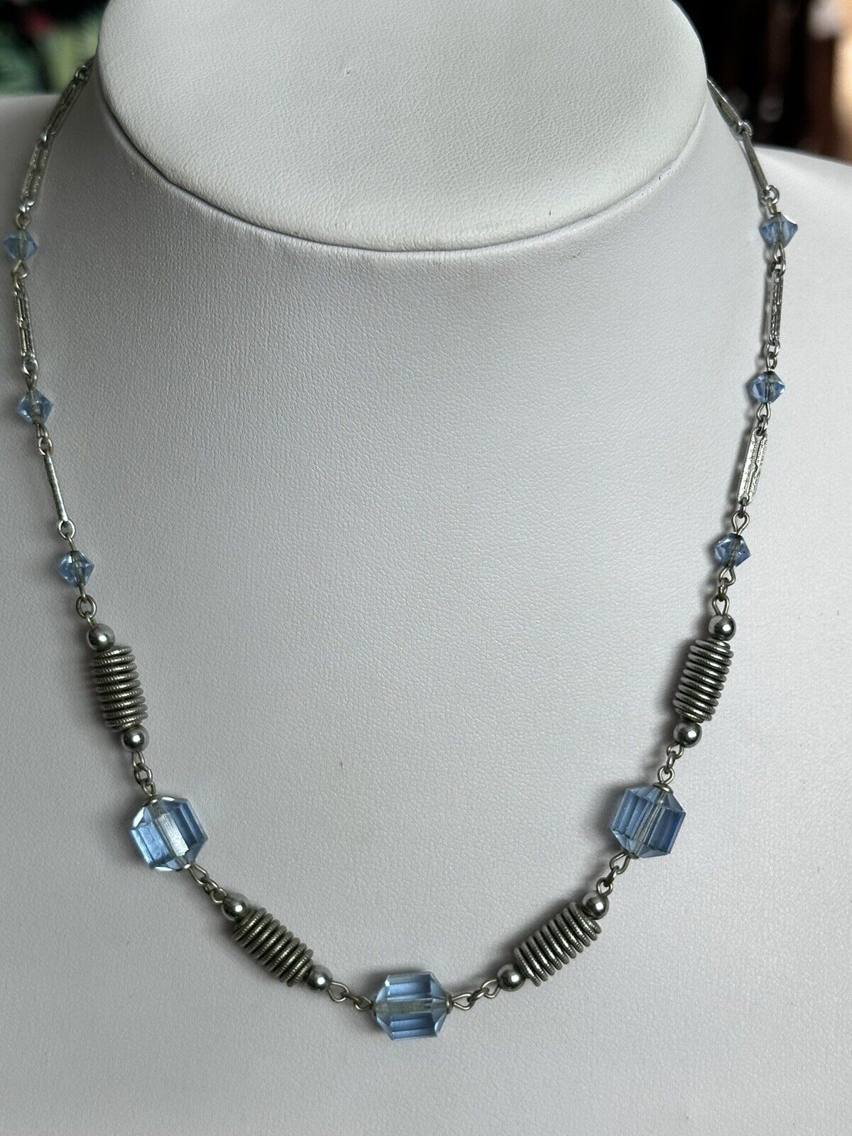 Vintage Deco Etched Silver Tone Blue Glass Bead Necklace