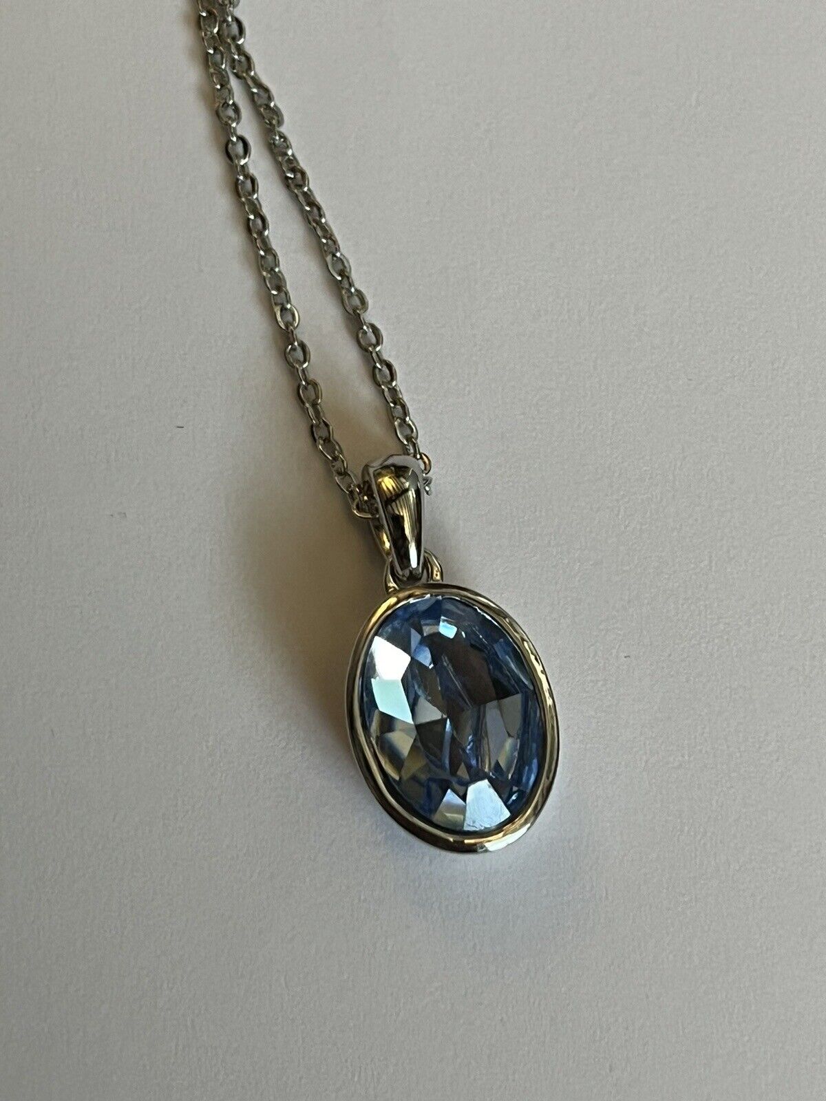 Vintage 1980s Rhodium Plated Blue Solitaire Crystal  Necklace New Old Stock