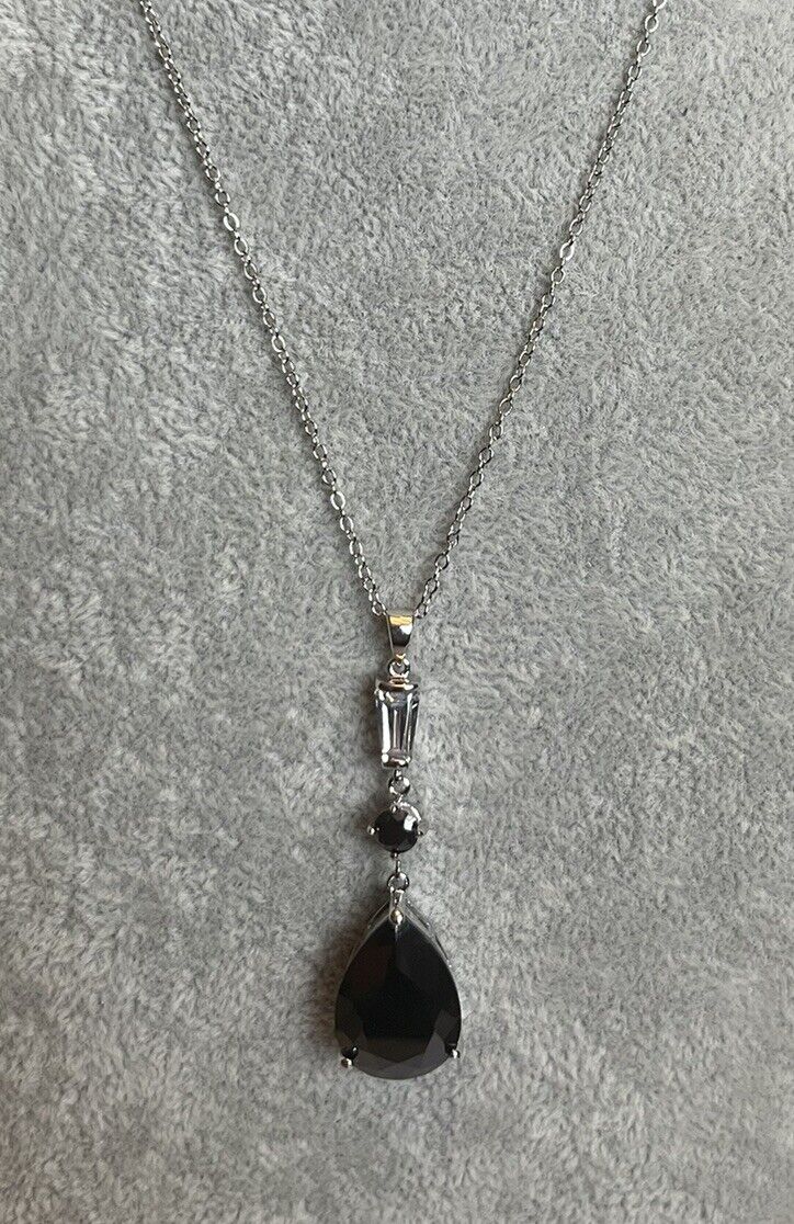 Vintage 1980s Rhodium Plated Black Clear Crystal Teardrop Necklace New Old Stock