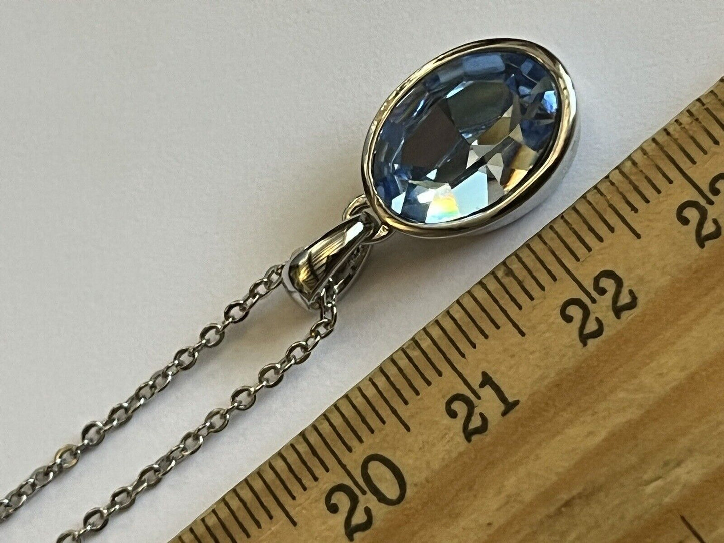 Vintage 1980s Rhodium Plated Blue Solitaire Crystal  Necklace New Old Stock