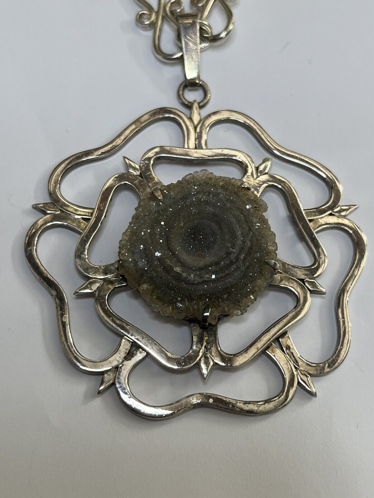 Vintage Silver 925 Statement Flower Geode Unique Chain Necklace 65g