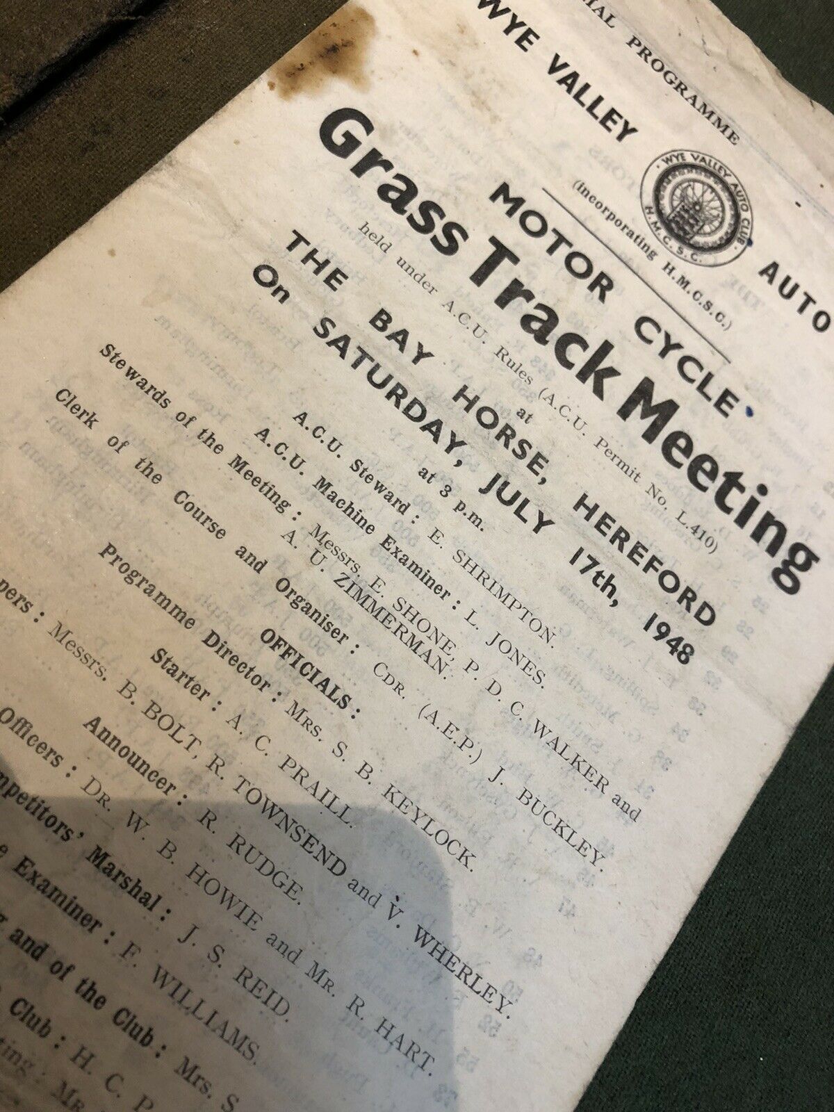 1948 Wye Valley Grass Track Meeting Motor Cycle Programme. Hereford