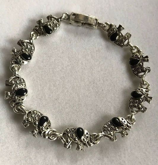 Vintage Silver Tone & Black Enamel Elephant Bracelet.