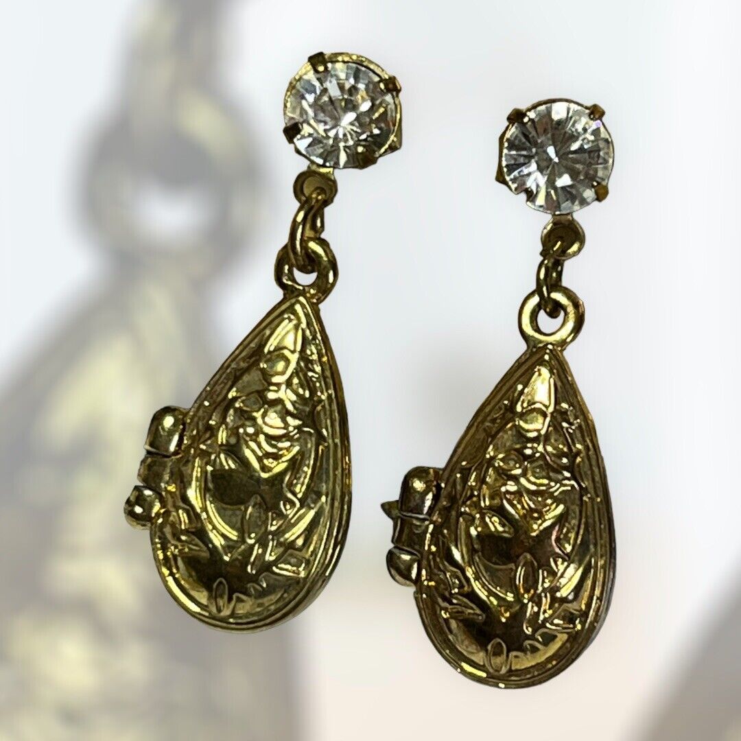 Vintage Gold Tone Locket Drop Earrings