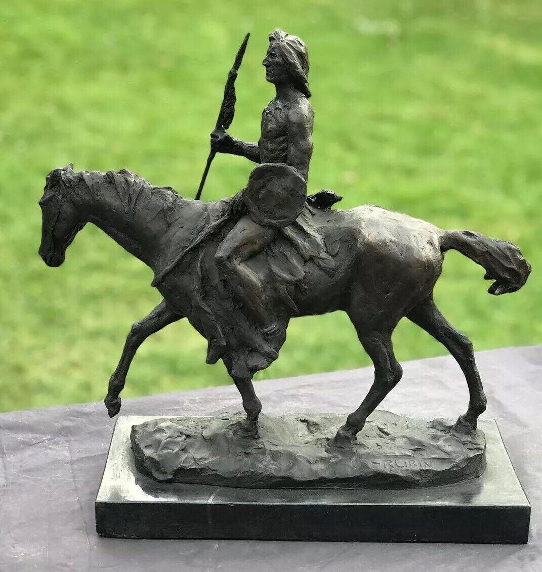 Bronze Indian Warrior Chief On Horseback, Signed On Base. Large In Size.