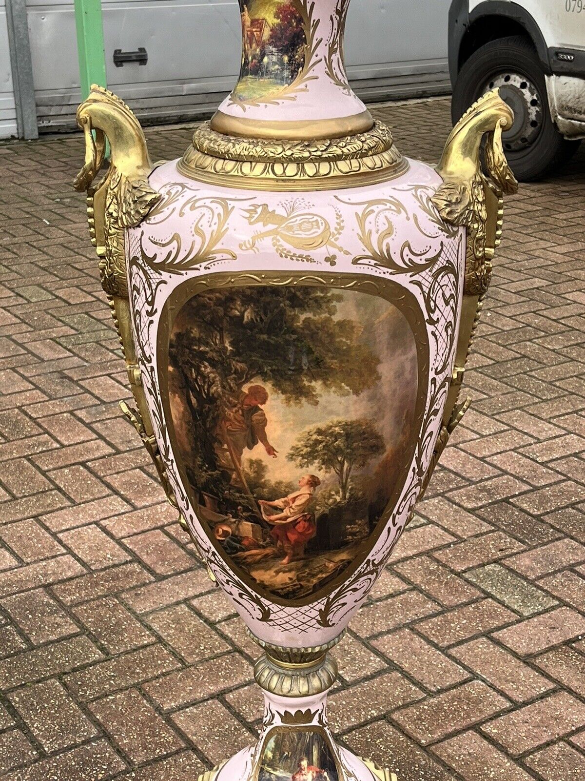 HUGE Freestanding Ormolu Mounted & Porcelain Lidded Urn. 134 Cms Tall.