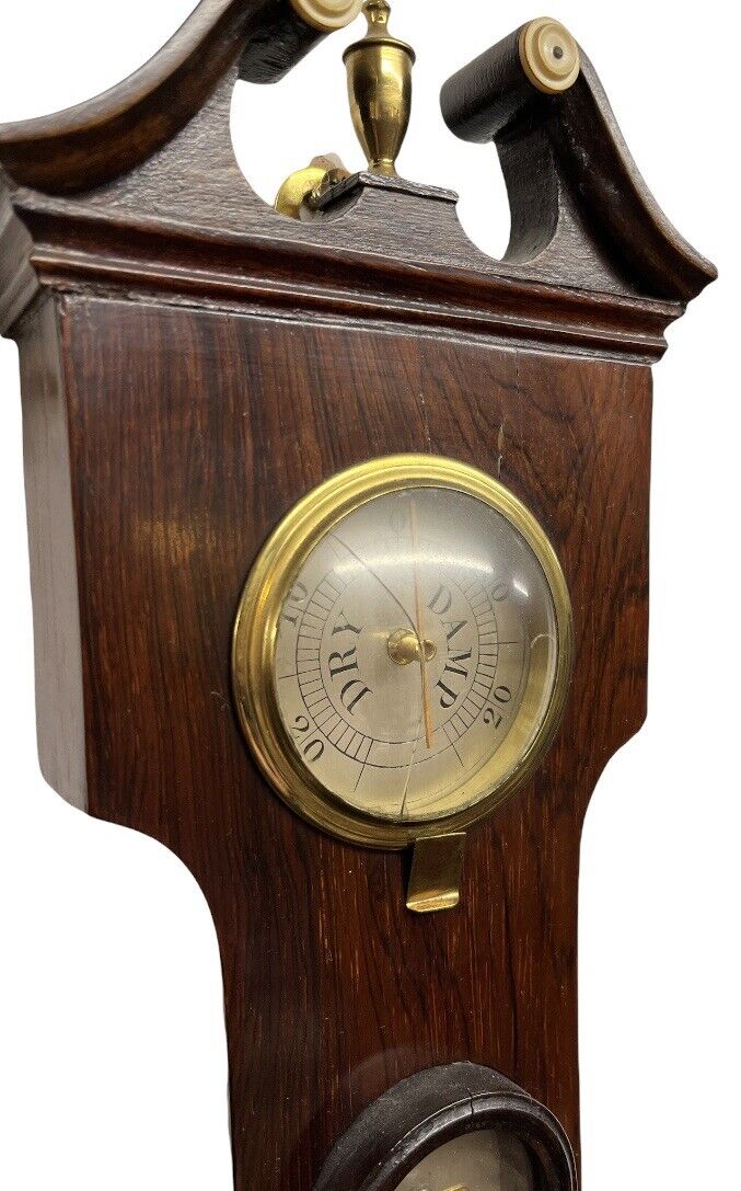 Victorian Barometer In Rosewood Case, Convex Glass, Silvered Dials.