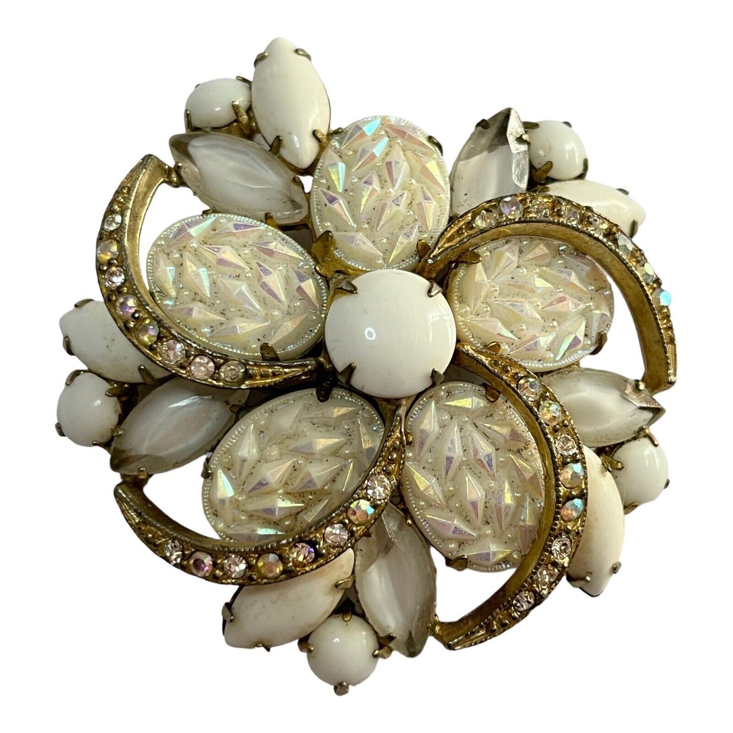 Vintage Statement White Aurora Borealis Milk Stone Swirl Brooch