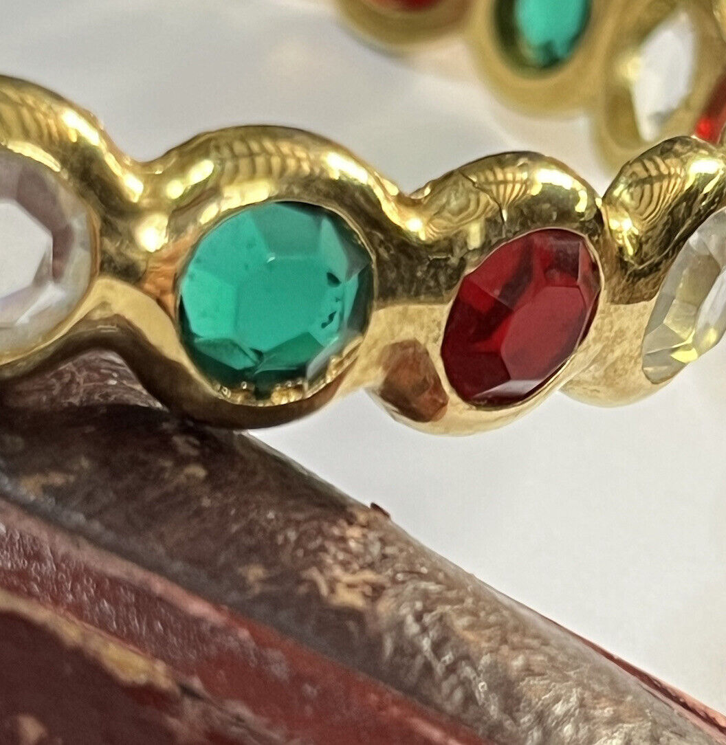 Vintage Gold Tone Red Green Clear Diamanté Inset Bangle