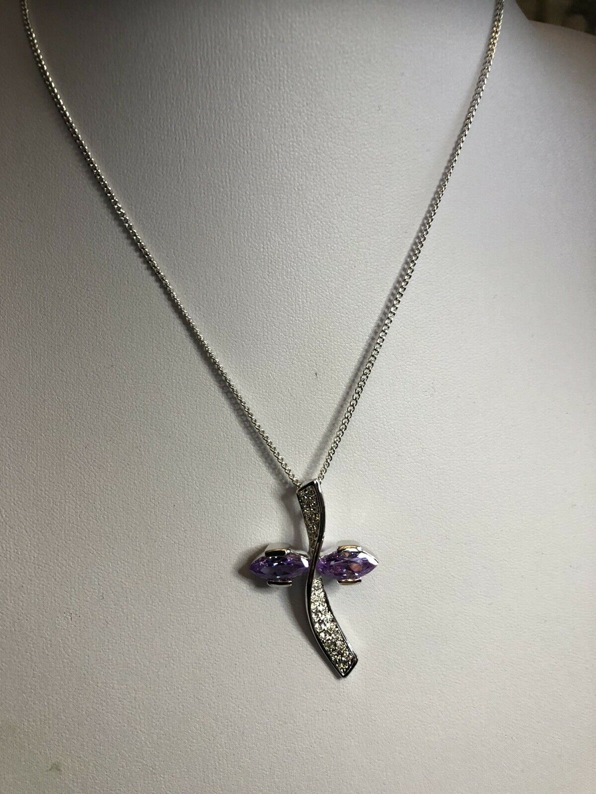 Vintage 1980s Rhodium Plated Purple Crystal Necklace New Old Stock