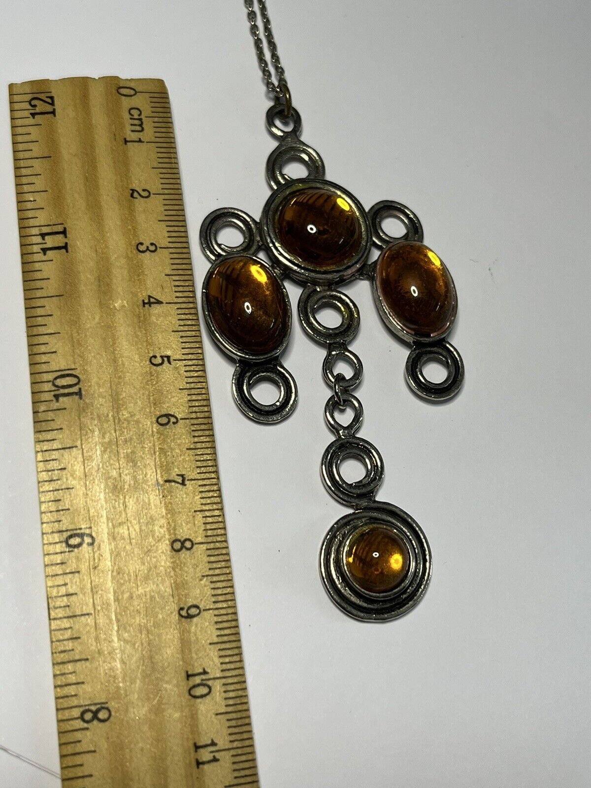 Vintage Burnt Orange Cabochon Stone Drop Statement Pendant Necklace