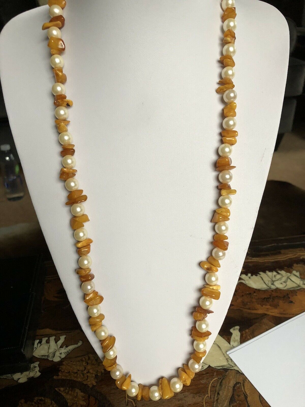 Vintage Faux Pearl Butterscotch Amber Long Length Necklace