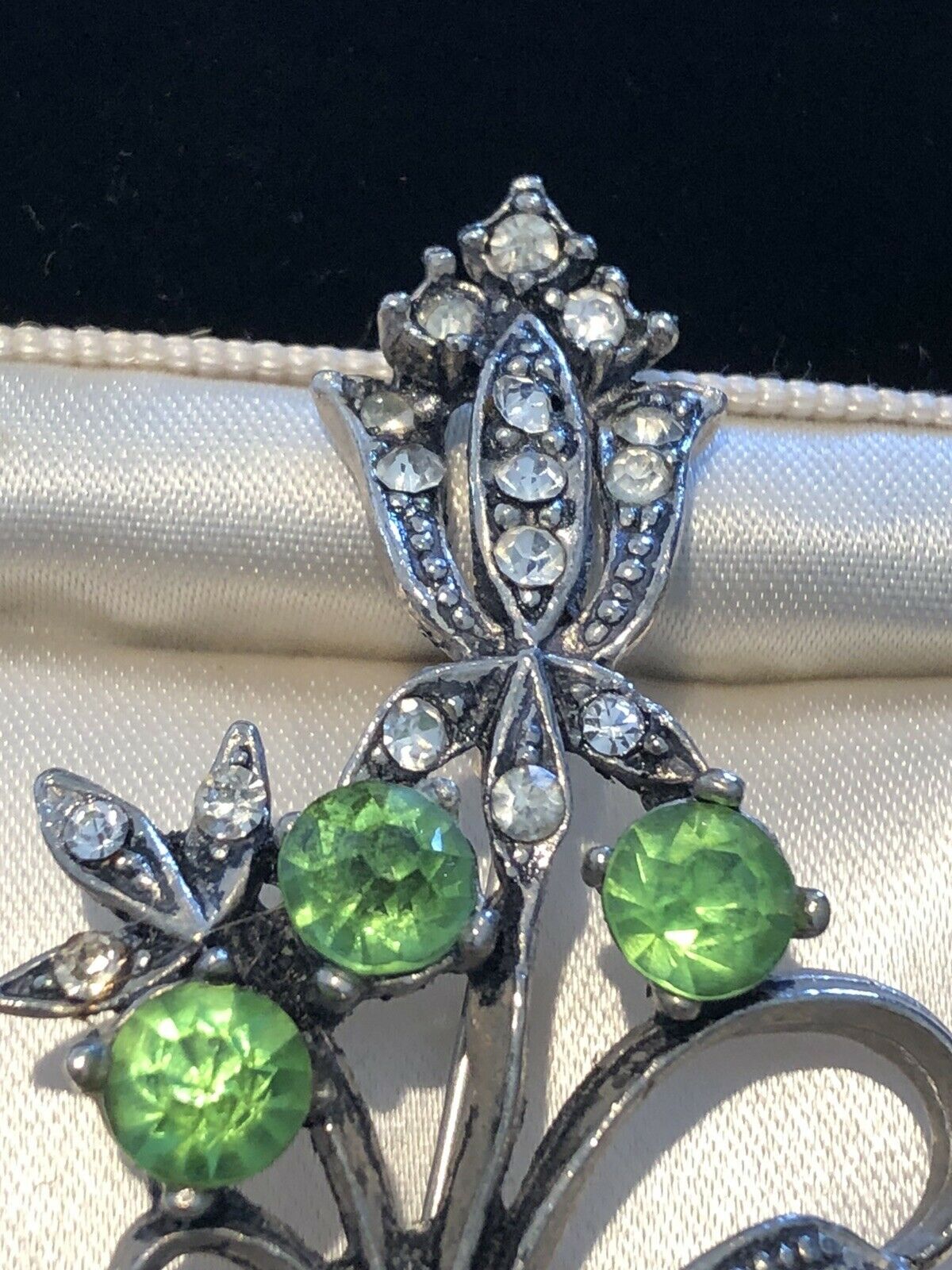 Vintage Silver Tone Green Clear Paste Flower Brooch