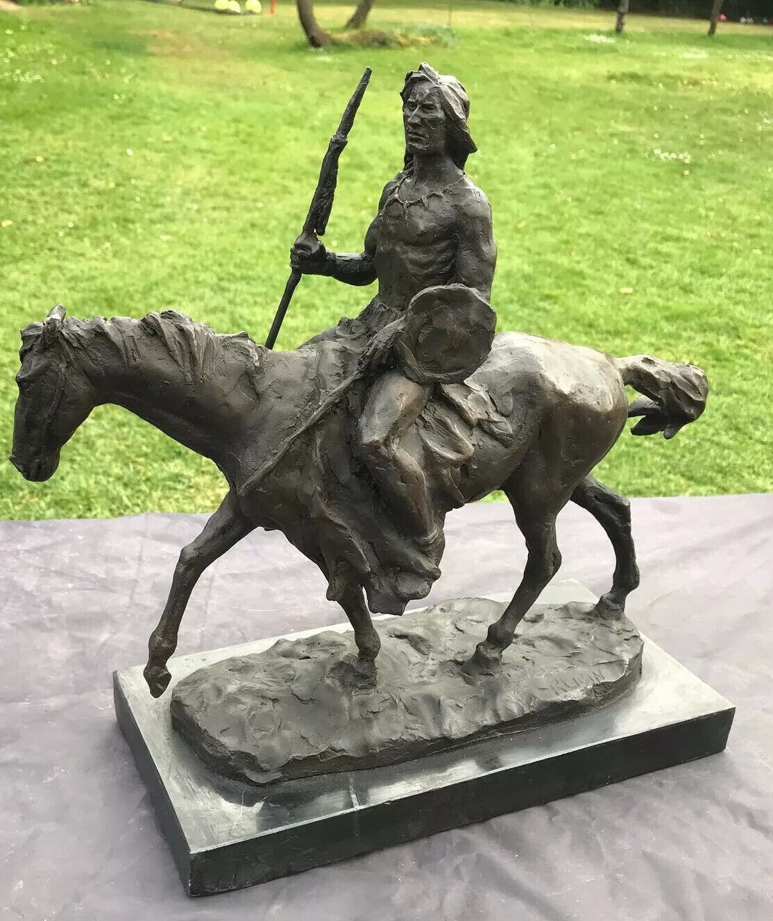 Bronze Indian Warrior Chief On Horseback, Signed On Base. Large In Size.