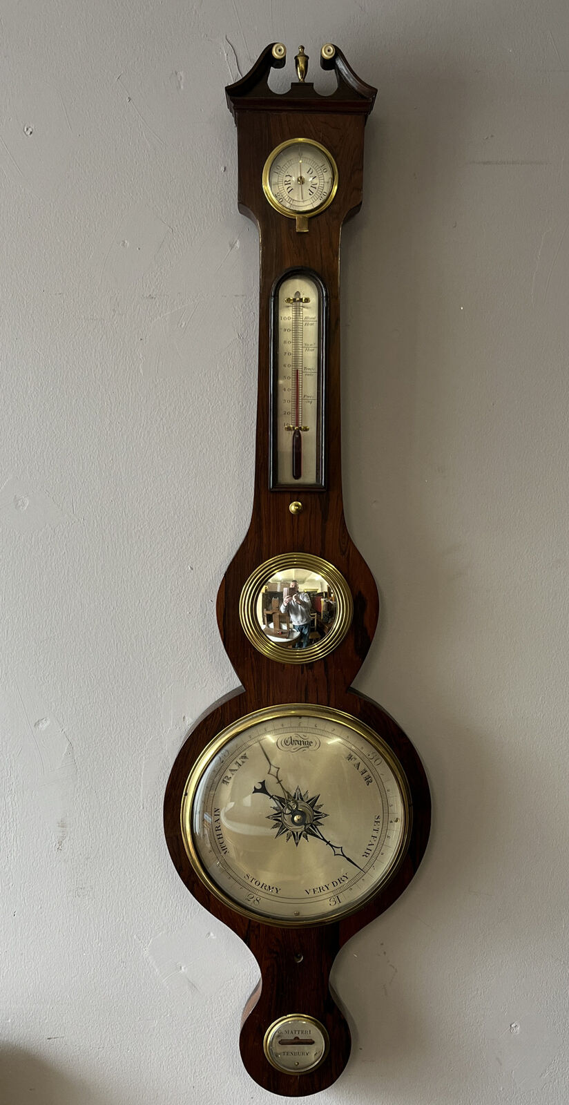 Victorian Barometer In Rosewood Case, Convex Glass, Silvered Dials.