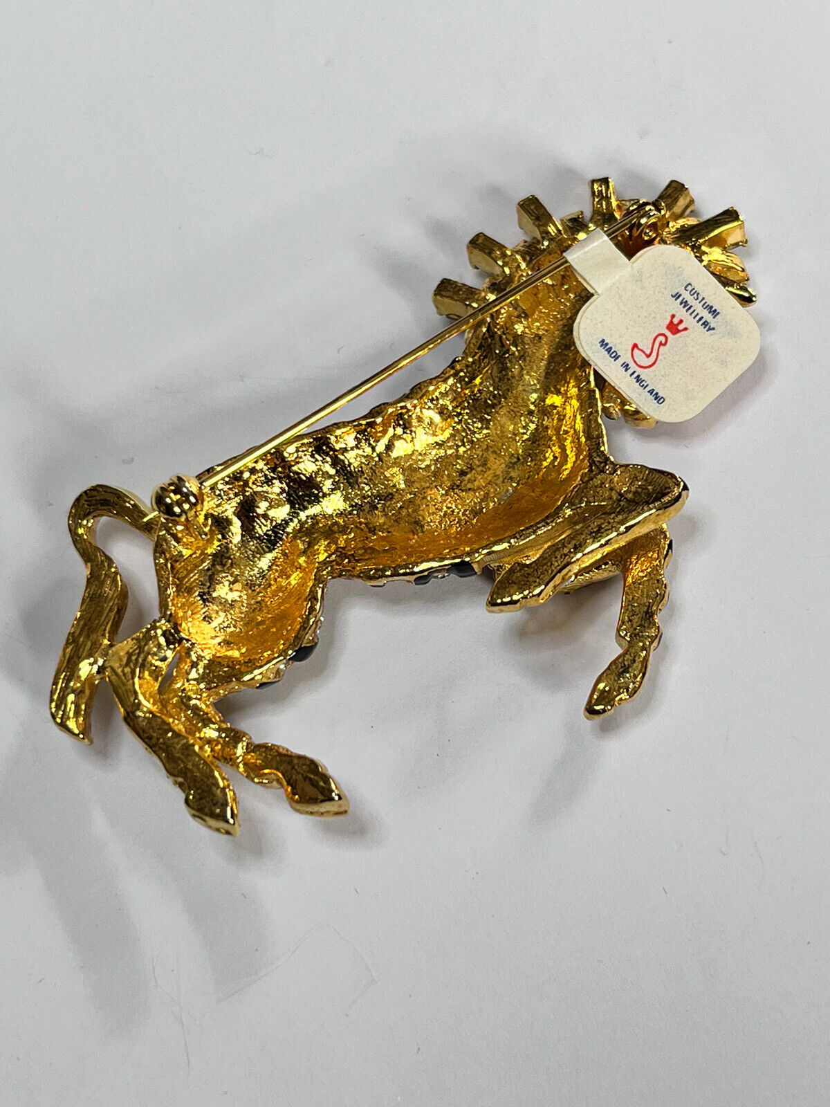 Vintage Gold Tone Diamanté Enamel Stylised Zebra Brooch