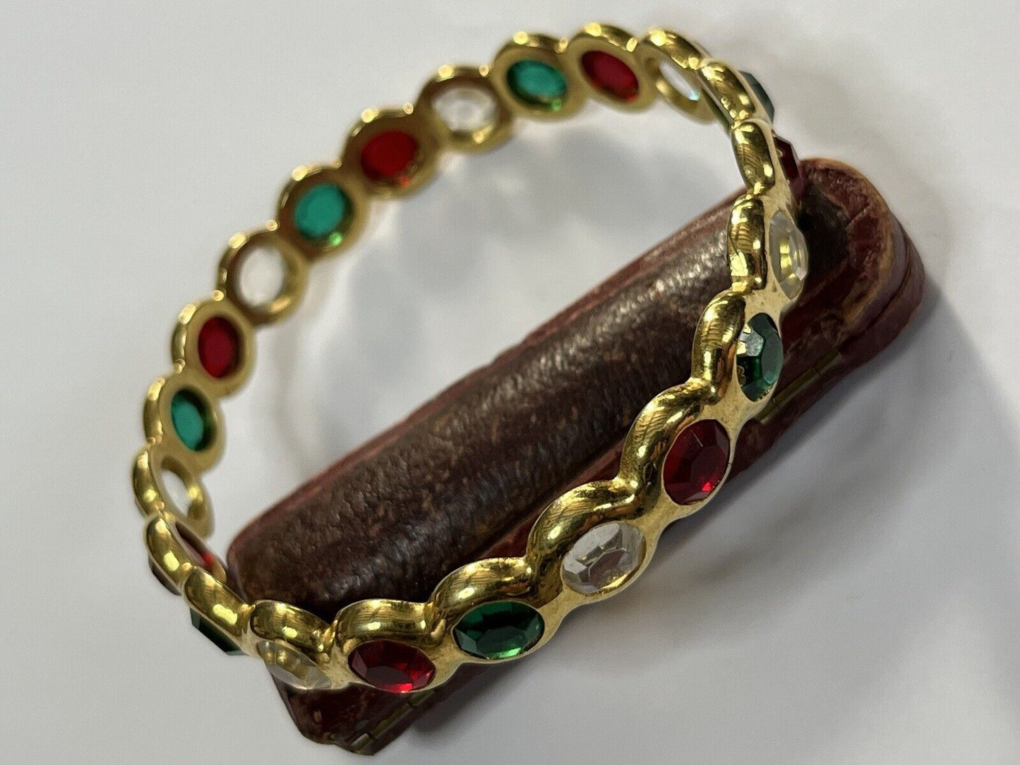 Vintage Gold Tone Red Green Clear Diamanté Inset Bangle